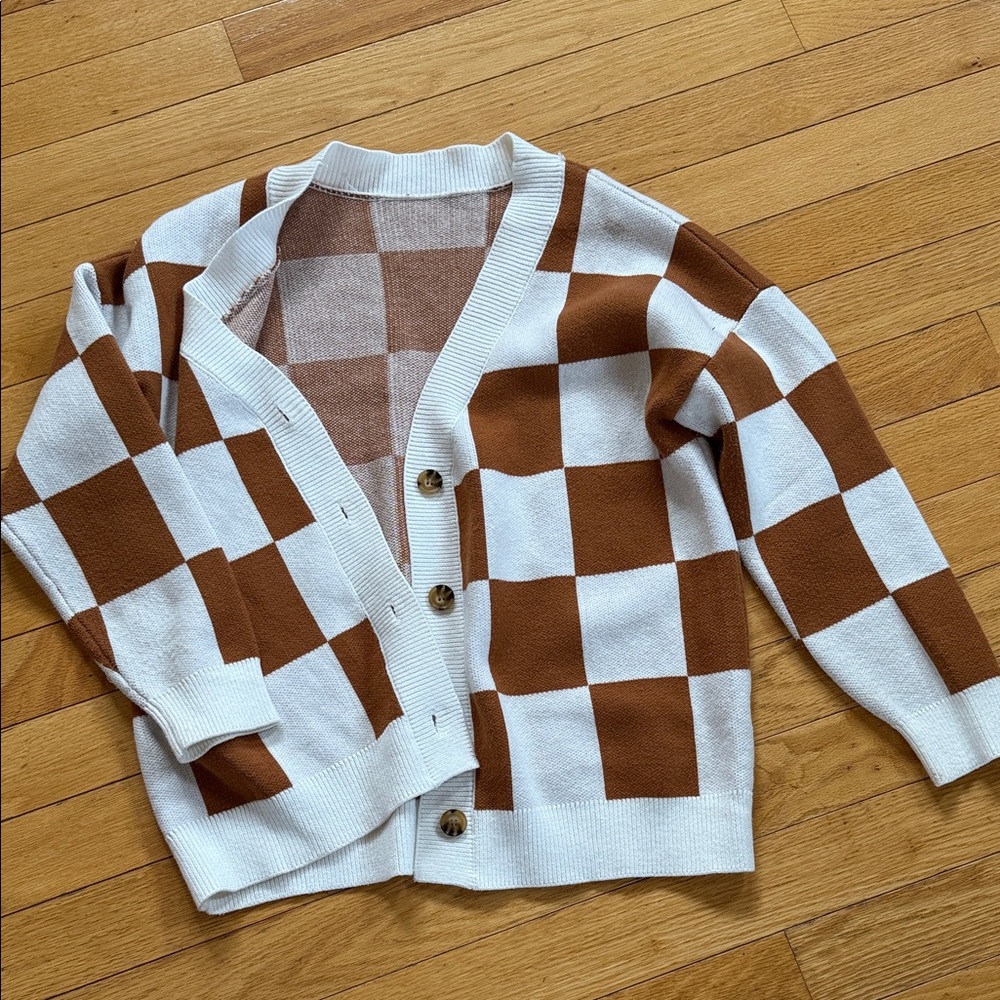 Brown and White Checkered Cardigan